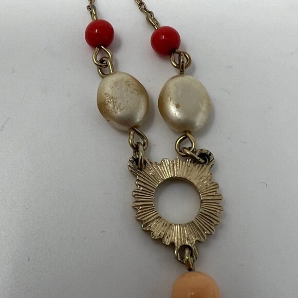 Vintage Avon Necklace Gold Tone Orange Drop and White Tan Beads - Picture 9 of 9